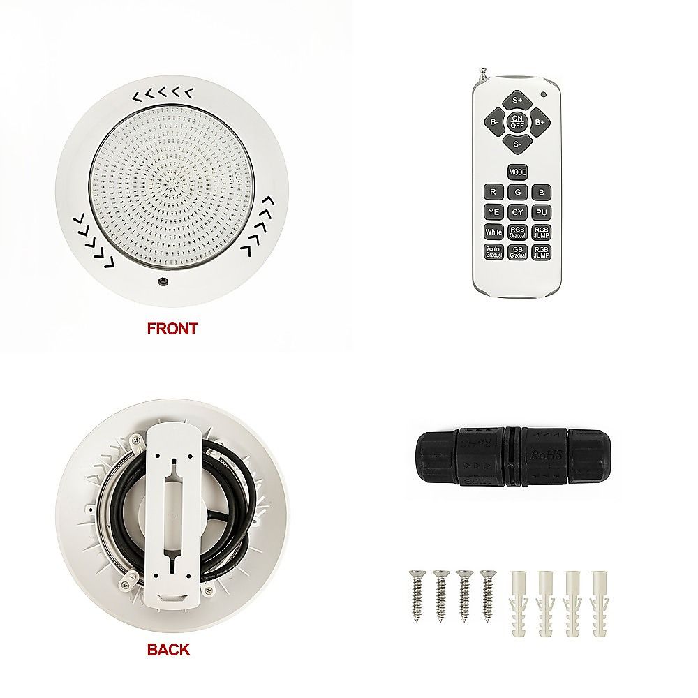 LED pool light kit with light unit, remote, mounting screws, and housing