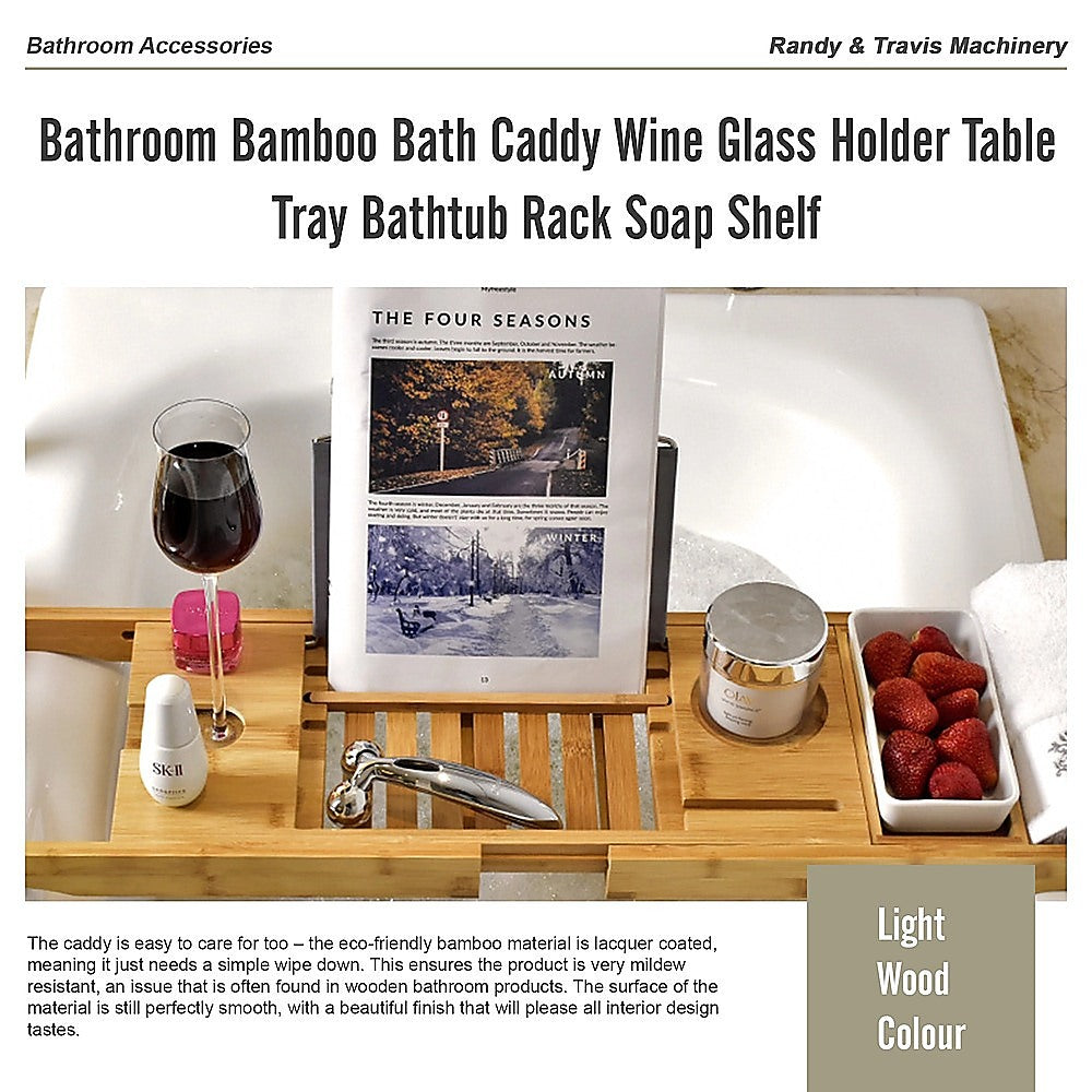 Bathroom Bamboo Bath Caddy Wine Glass Holder Table Tray Bathtub Rack Soap Shelf