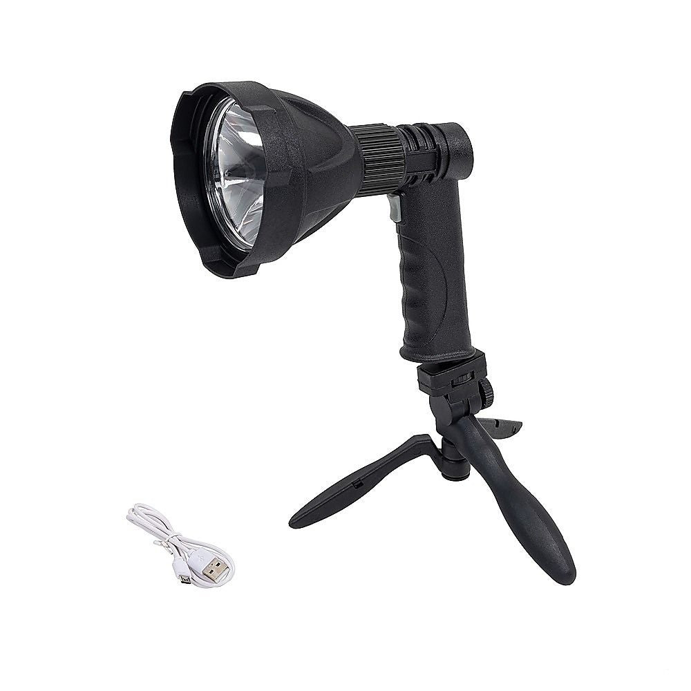 Black rechargeable LED handheld spot light with trigger grip and foldable tripod stand