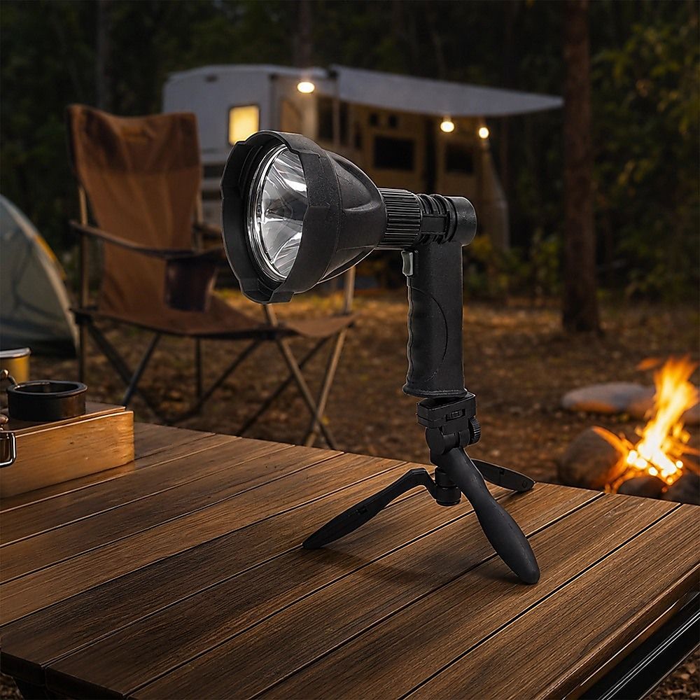 Black LED handheld spot light on a tabletop with tripod legs and white charging cable