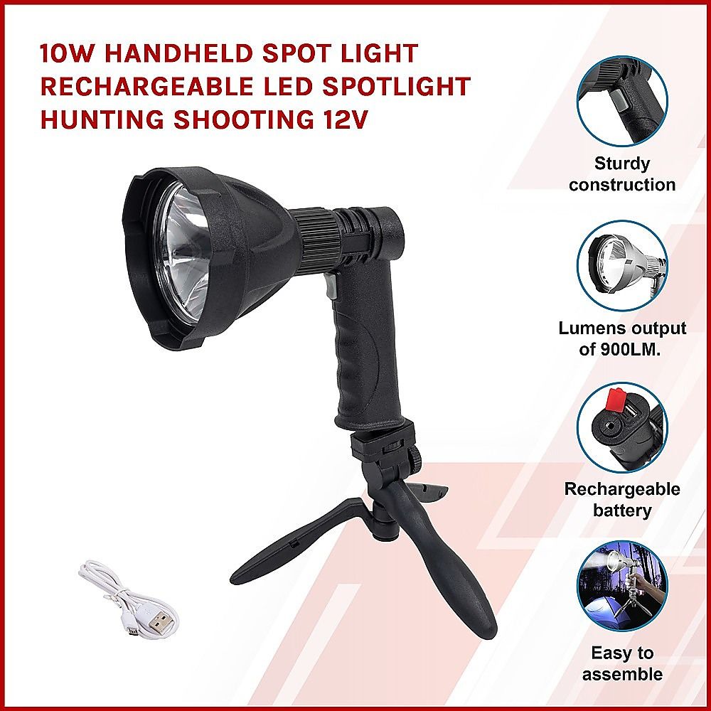 Black LED spotlight with handle grip, tripod base, and charging cable included