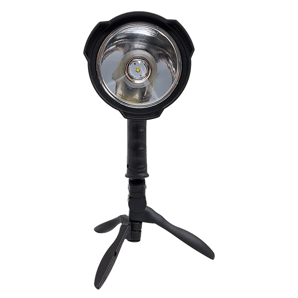 Front view of black rechargeable LED spot light head with reflective lens and tripod legs
