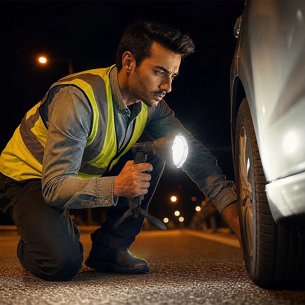 LED spot light in use, held near a vehicle; bright beam with tripod legs below