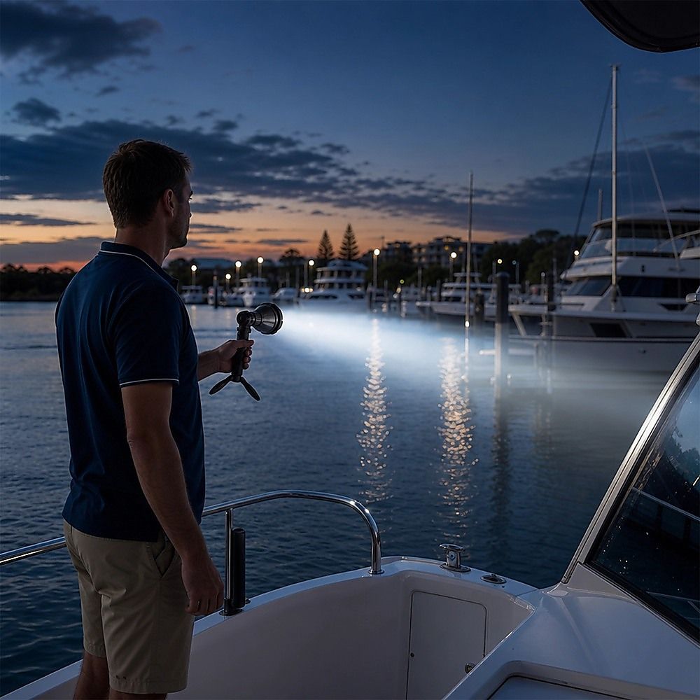 Handheld LED spot light projecting beam on marina dock at dusk
