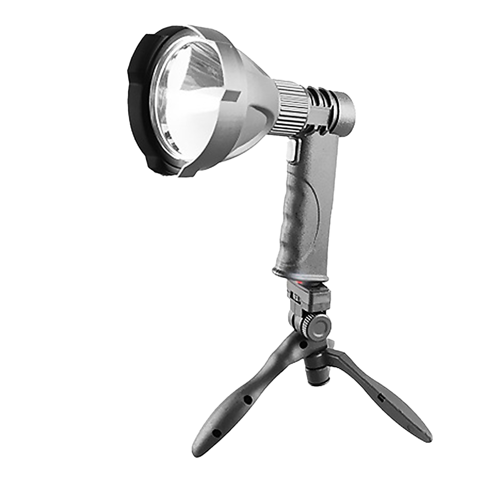 Silver-and-black LED spotlight head with glass reflector and tripod tripod base