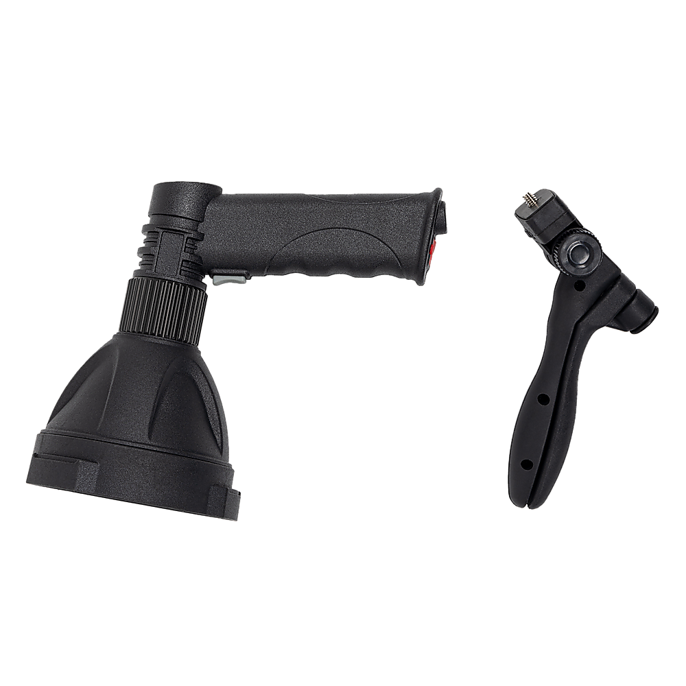 Black rechargeable LED spot light with handheld grip and tripod legs, side view
