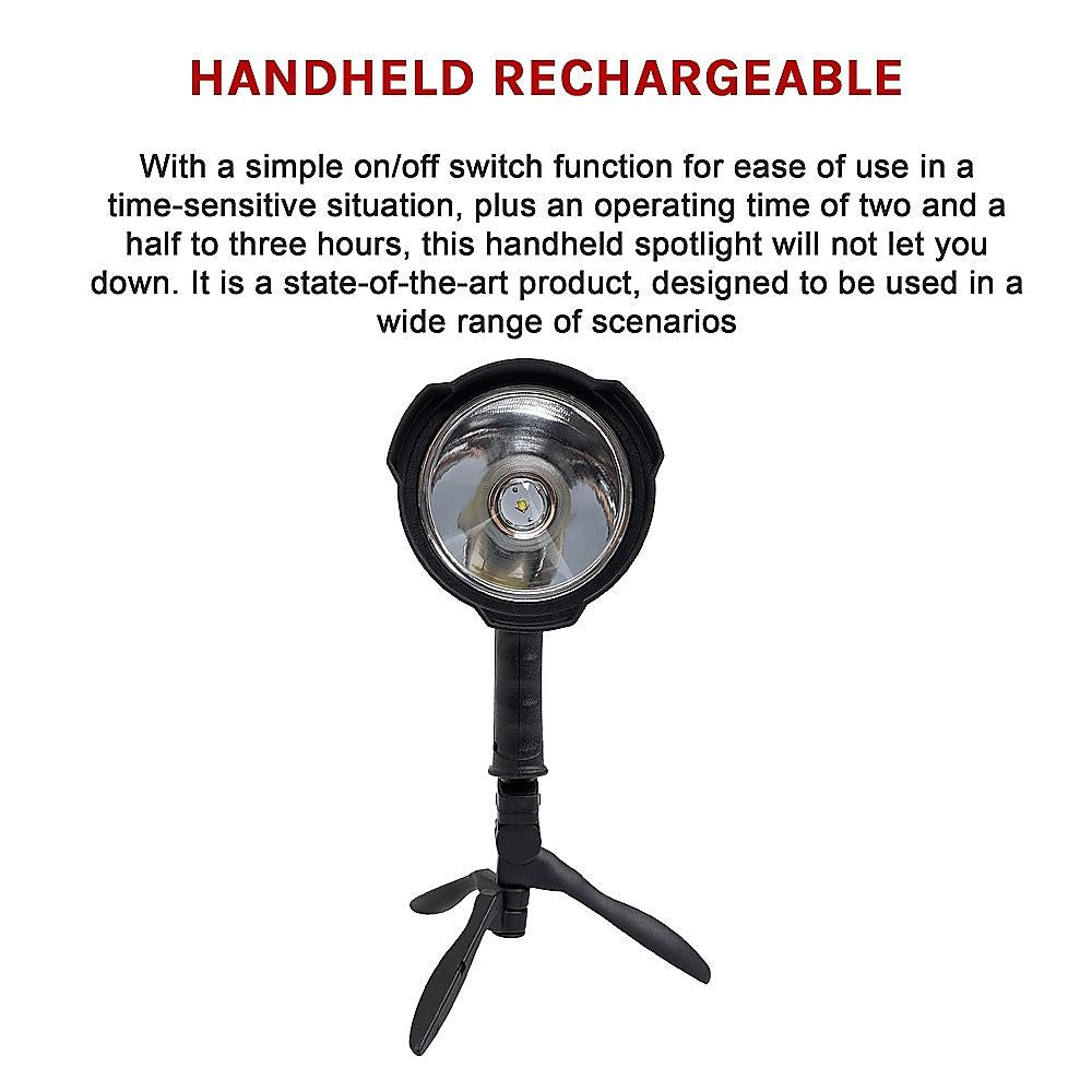 Rechargeable handheld LED spot light with tripod stand and black housing