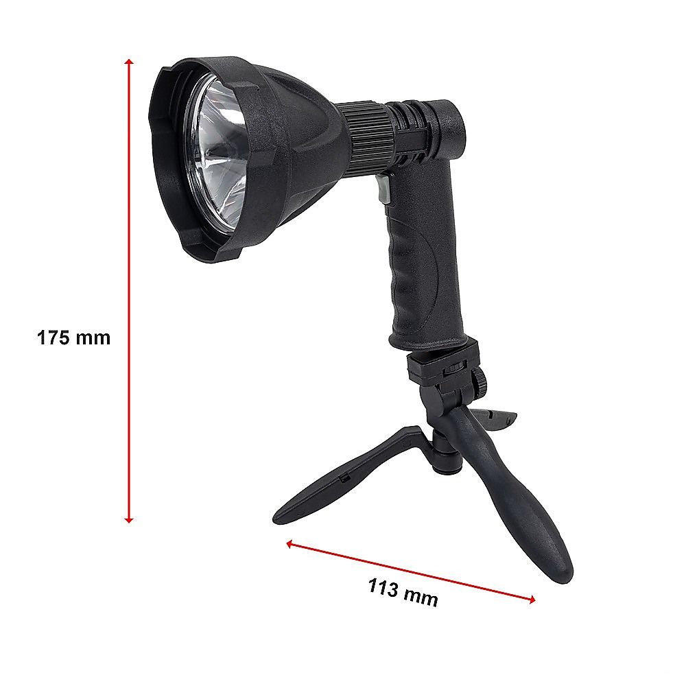 Black handheld LED spot light with trigger handle and folding tripod legs