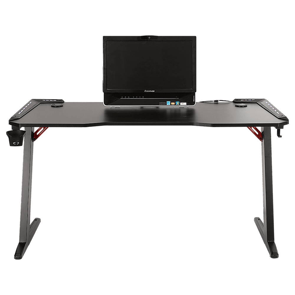 LED Gaming Desk Computer Table with Cup Holder Headphone Hook Cable Hole