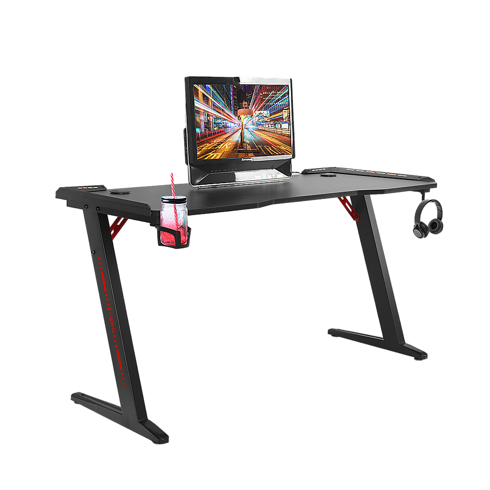 LED Gaming Desk Computer Table with Cup Holder Headphone Hook Cable Hole