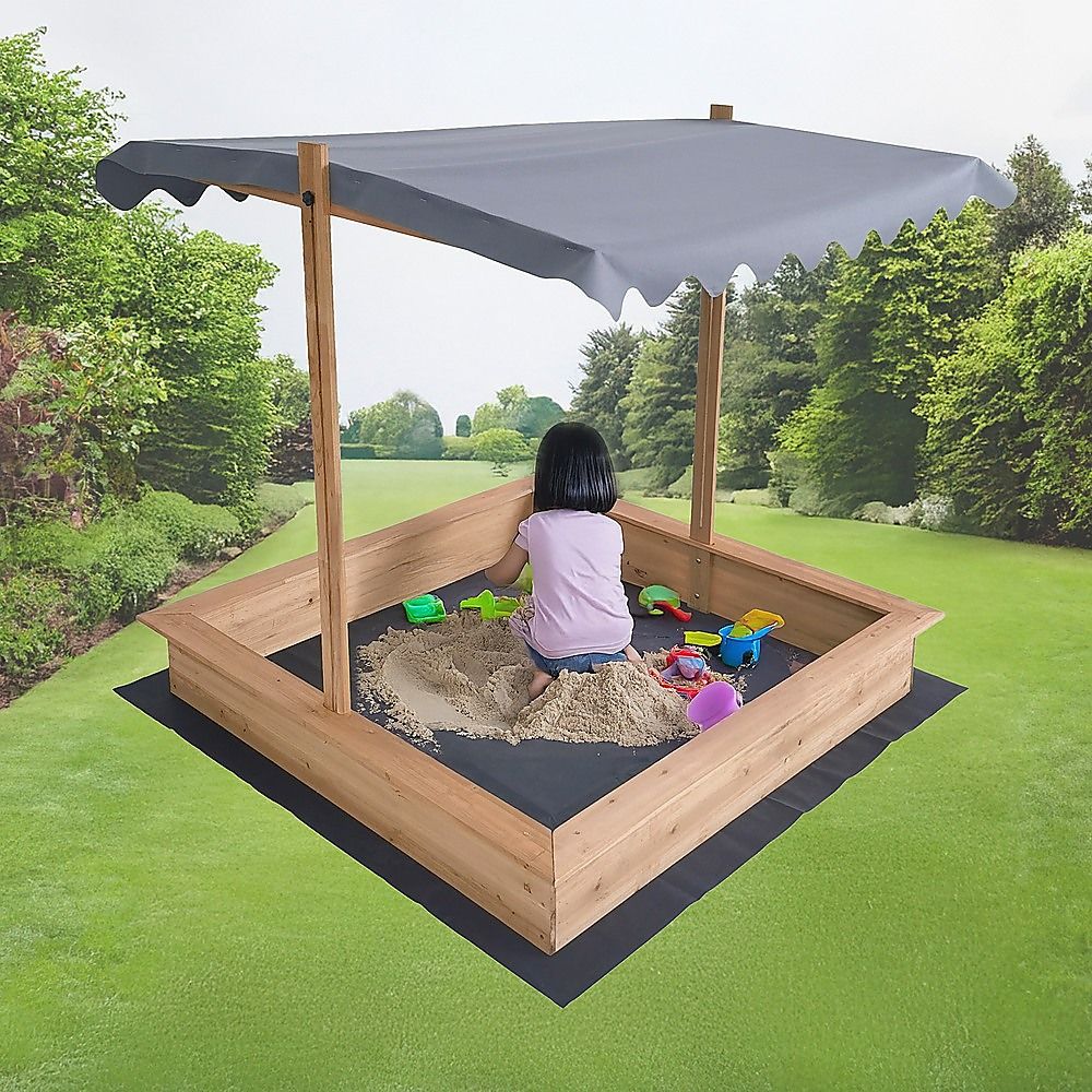 Kids Wooden Toy Sandpit with Adjustable Canopy Bedworld