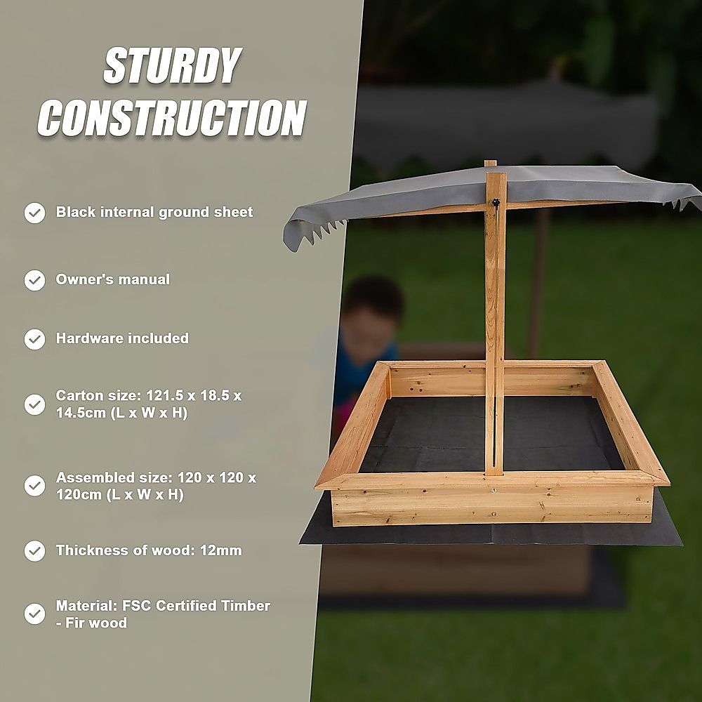 Kids Wooden Toy Sandpit with Adjustable Canopy Bedworld