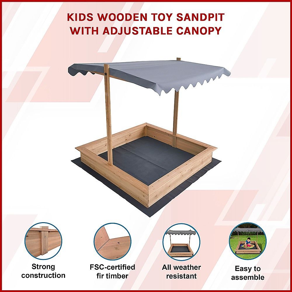 Kids Wooden Toy Sandpit with Adjustable Canopy Bedworld