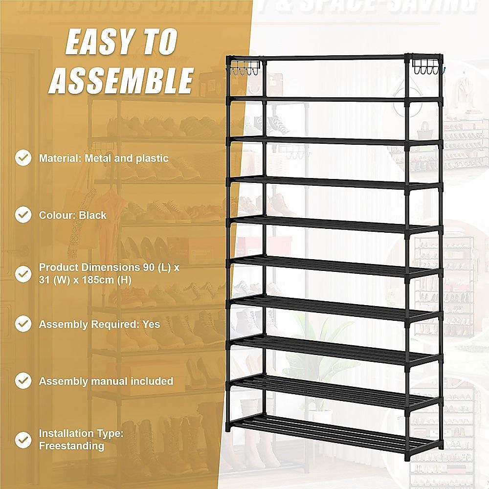 10-Tier Metal Shoe Rack Black – Large 50-Pair Shoe Storage Organiser Shelf Bedworld