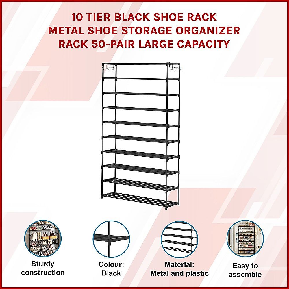10-Tier Metal Shoe Rack Black – Large 50-Pair Shoe Storage Organiser Shelf Bedworld