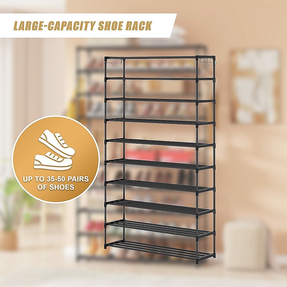 10-Tier Metal Shoe Rack Black – Large 50-Pair Shoe Storage Organiser Shelf Bedworld