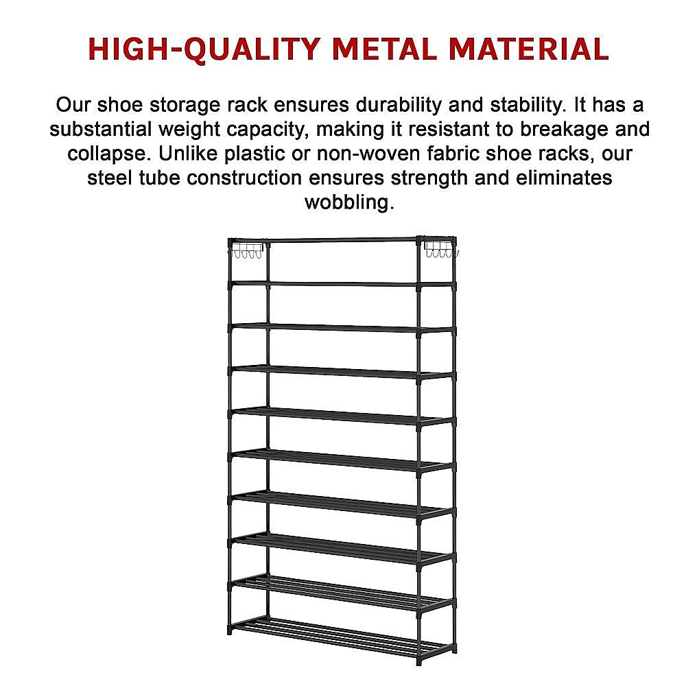 10-Tier Metal Shoe Rack Black – Large 50-Pair Shoe Storage Organiser Shelf Bedworld