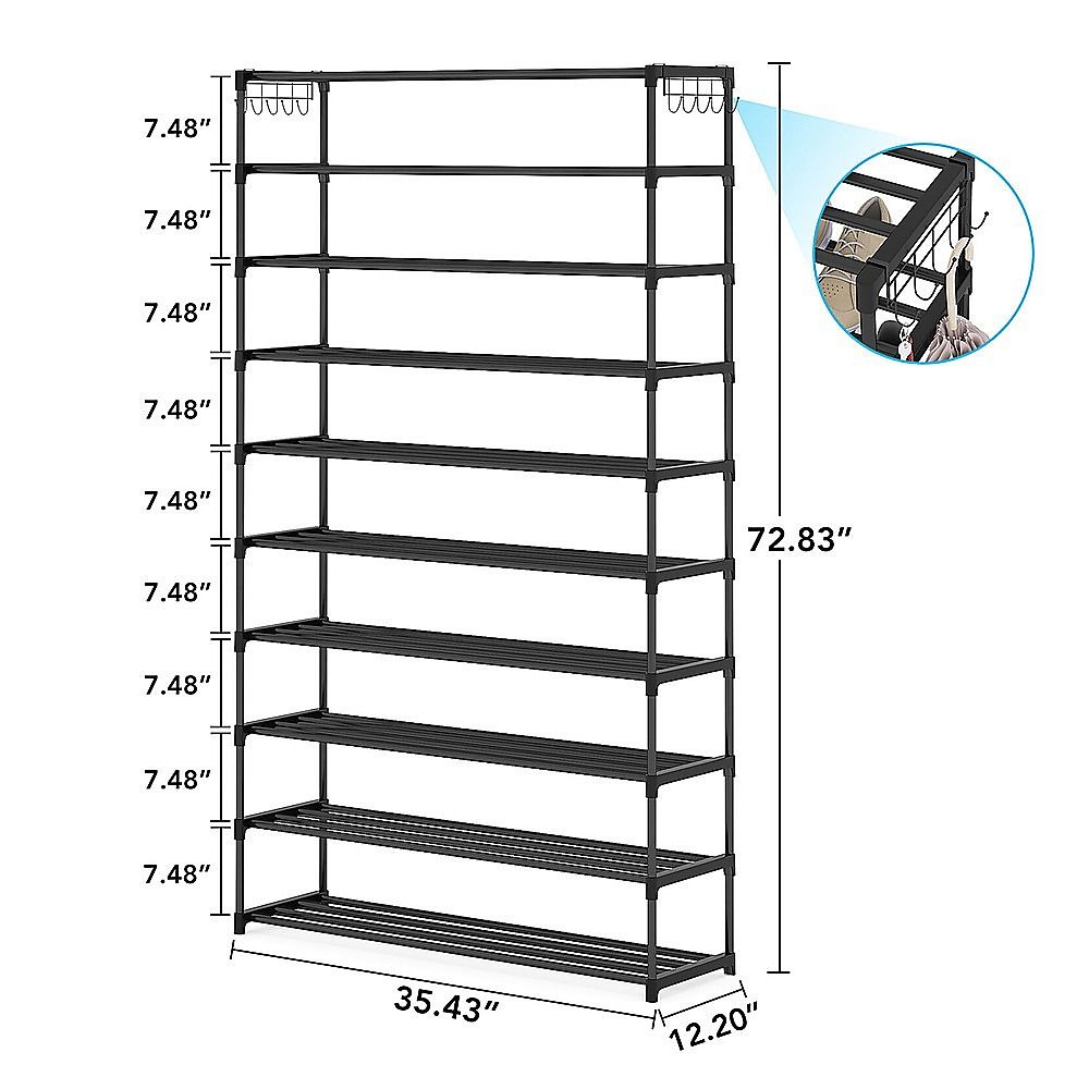 10-Tier Metal Shoe Rack Black – Large 50-Pair Shoe Storage Organiser Shelf Bedworld