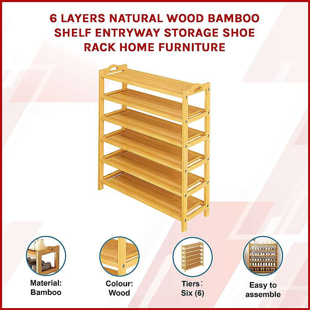 6 Layers Natural Wood Bamboo Shelf Entryway Storage Shoe Rack Home Furniture