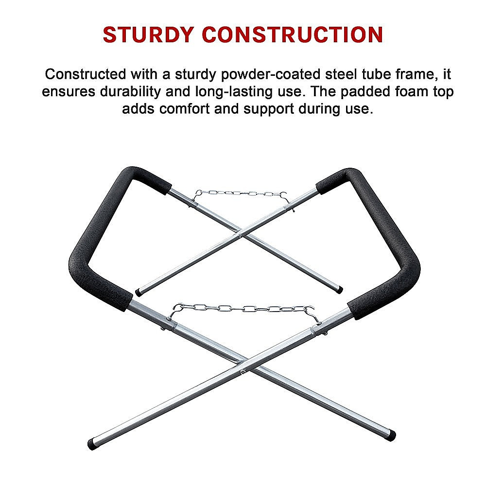 Sturdy panel stand with powder-coated steel frame and black foam-padded top