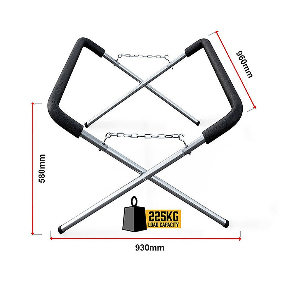 Adjustable panel stand with curved legs, black foam handles, and chain links