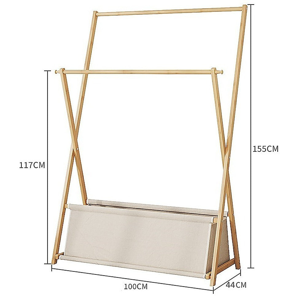 100x155cm Wood Clothes Rail Garment Rack with Freestanding Storage Shelf