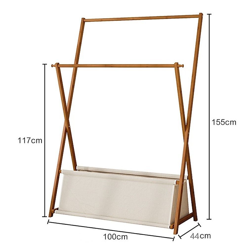 Dark wood garment rack with fabric storage shelf and overall size diagram