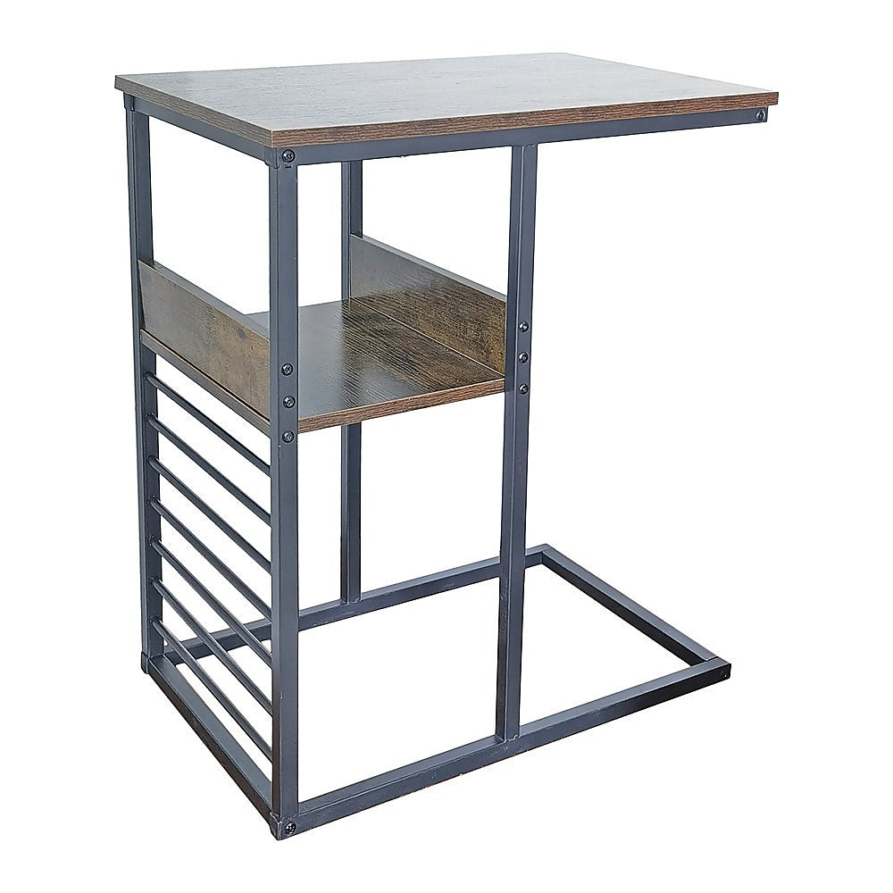 Square side end table with dark metal frame, wood top, and open lower shelf