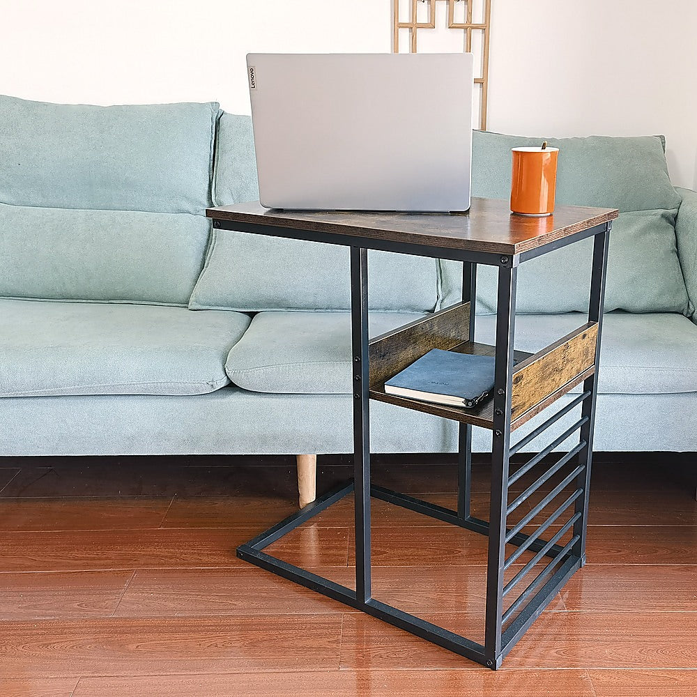 Side end table with wood top, open lower shelf, and slatted side panels