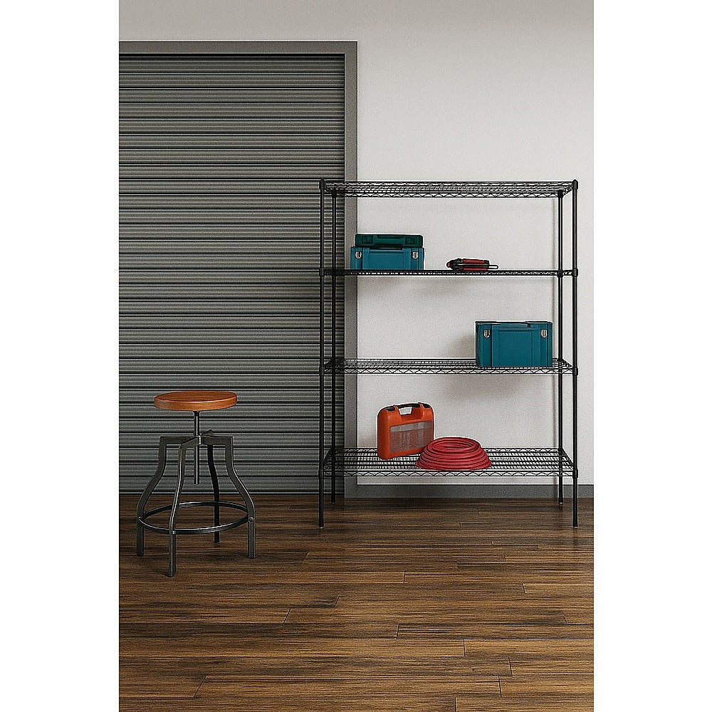 Black steel wire shelving rack with four shelves holding storage bins and tools