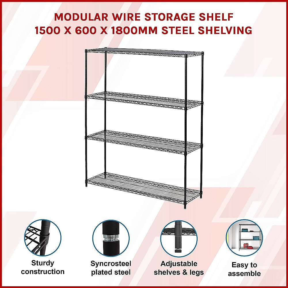 Modular black steel wire storage shelf with four open shelves and legs