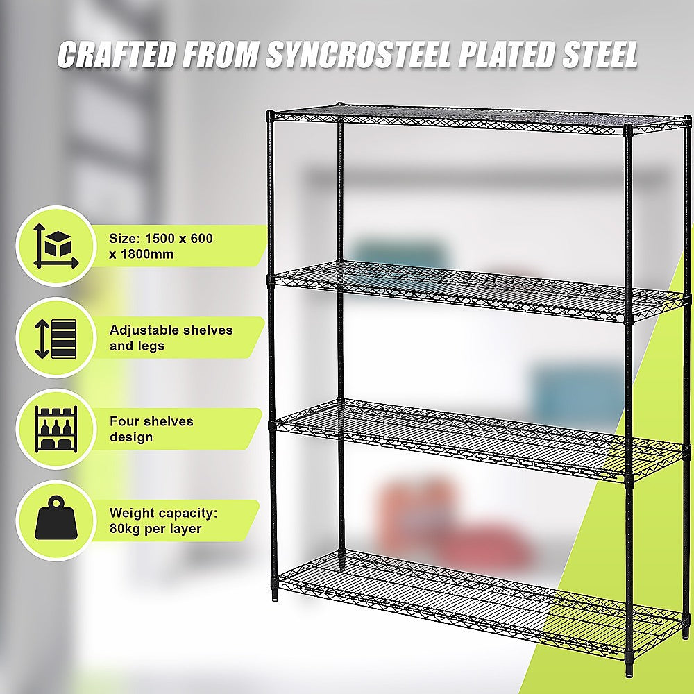 Black steel wire shelving unit with four adjustable shelves and fixed legs