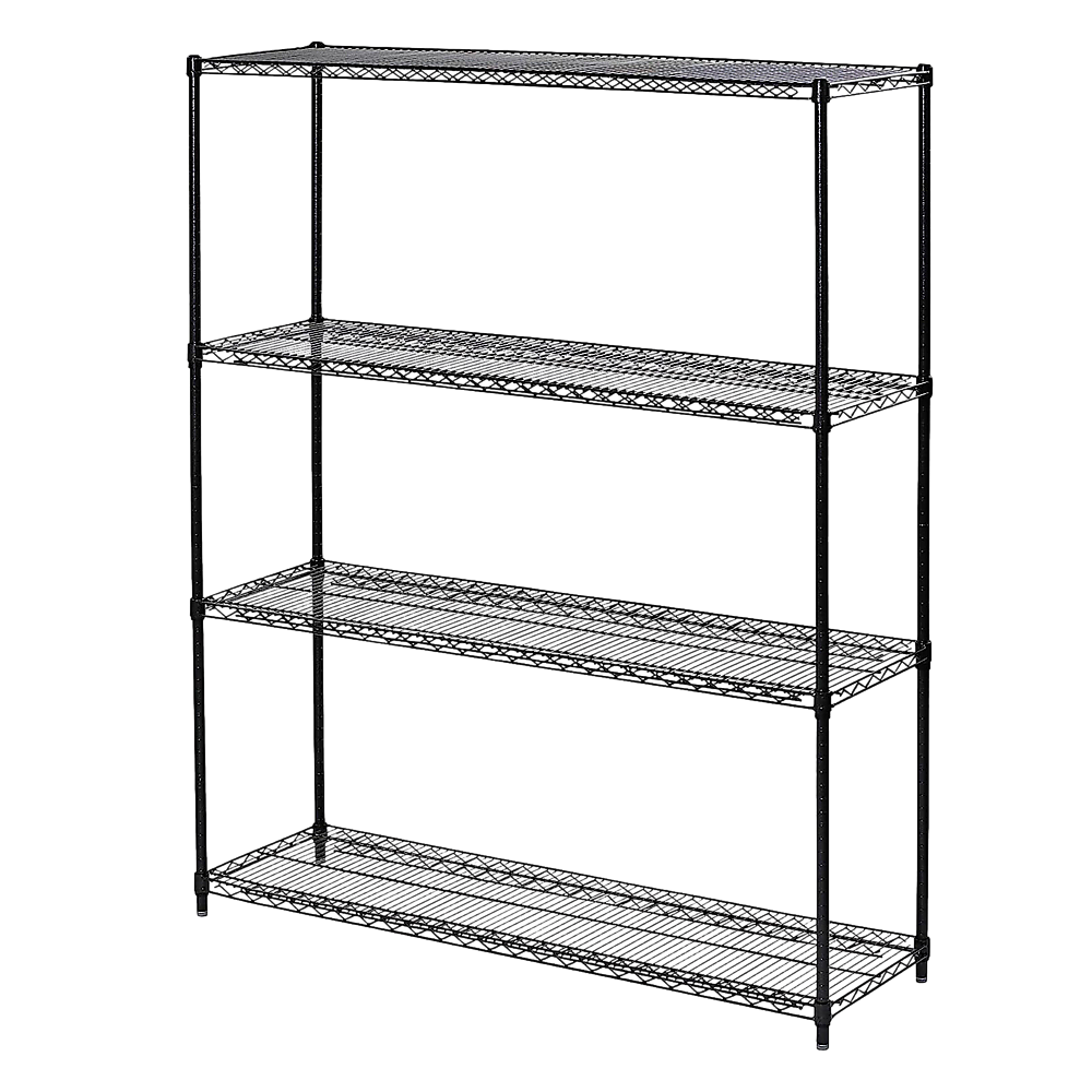 Black steel wire shelving unit with four open wire shelves and fixed legs