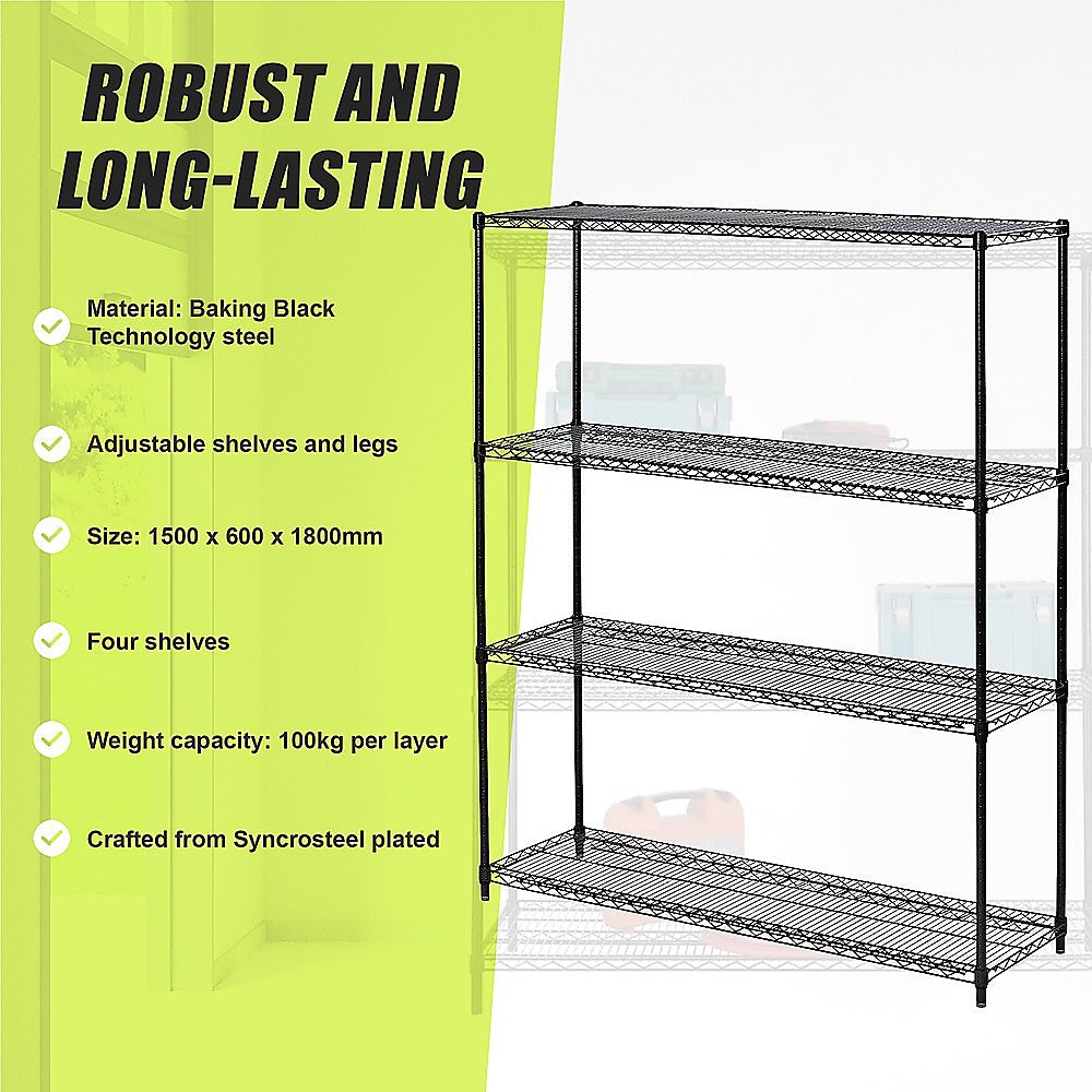 Black steel wire shelving rack with four adjustable shelves and fixed legs