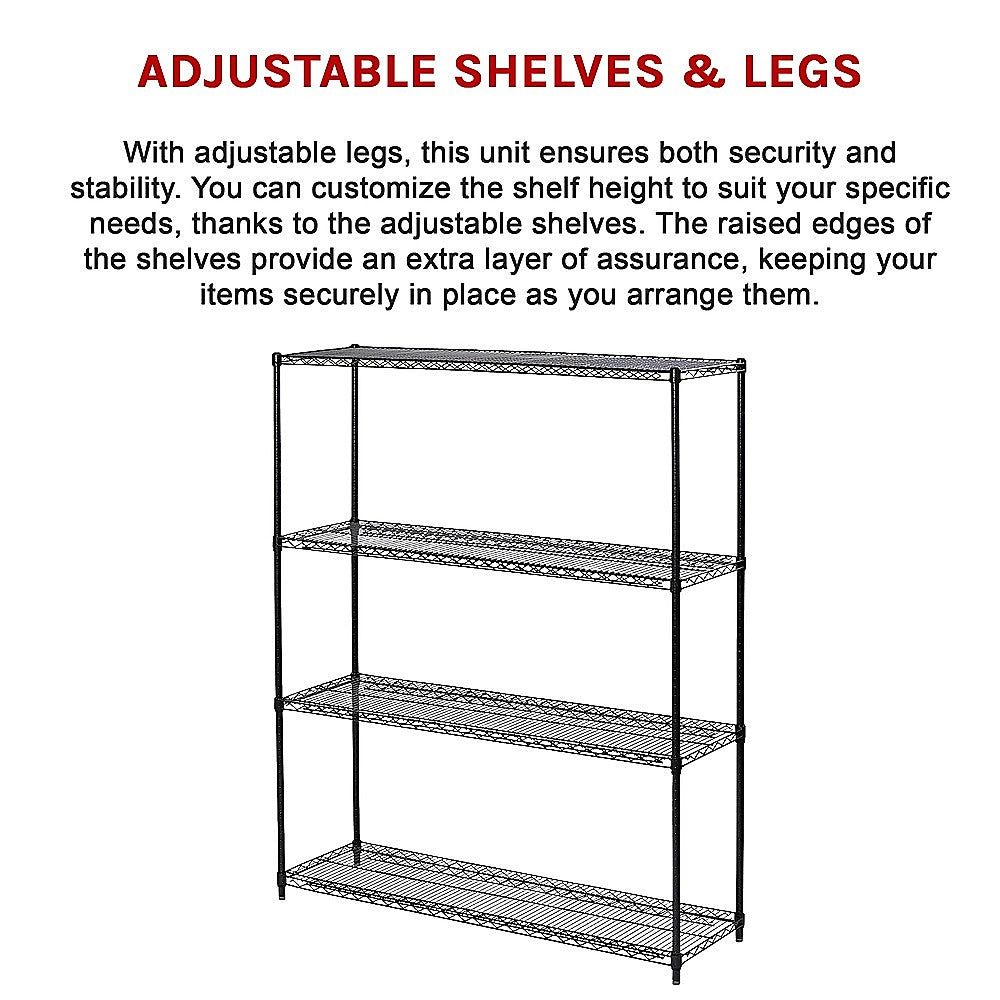 Black steel wire storage shelf with four wire shelves and metal legs