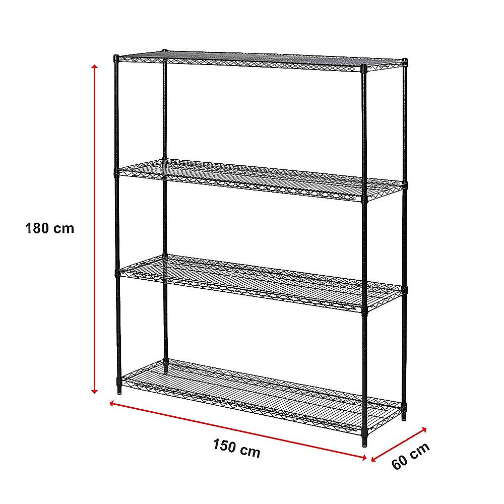 Black steel wire shelving rack with four-tier open wire shelves