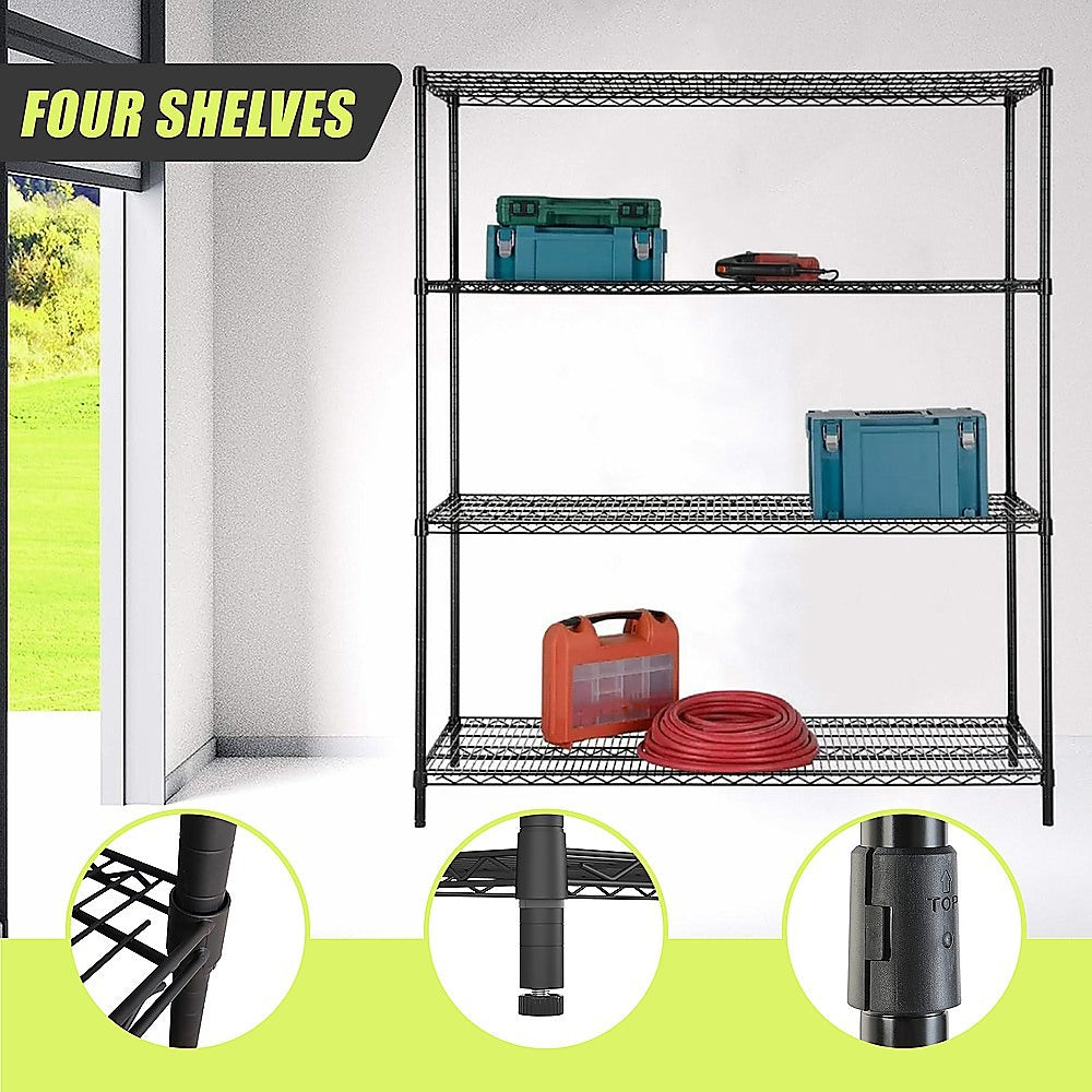 Black steel wire shelf unit with four open shelves and fixed legs