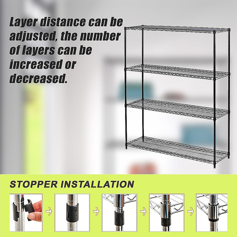 Black steel wire shelving unit with multiple open wire shelves