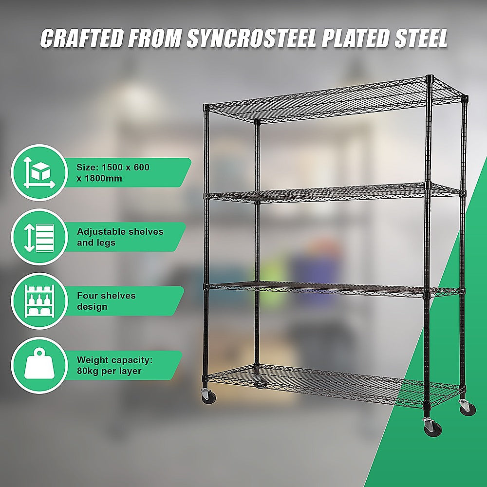 Black steel wire shelving rack with four shelves and caster wheels, open frame
