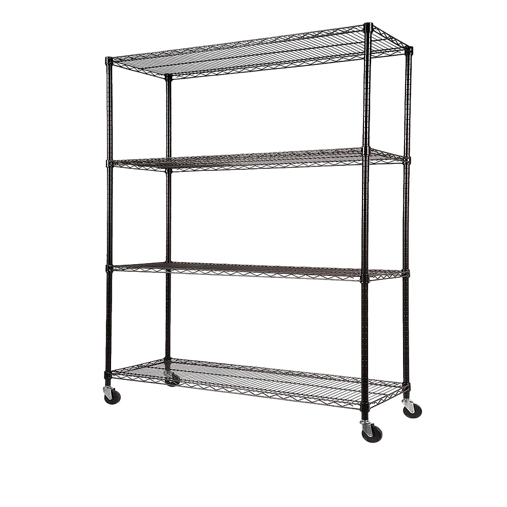 Black steel wire shelving unit with four levels and caster wheels