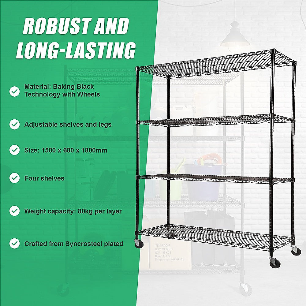 Black wire shelving rack with four tiers and caster wheels, adjustable open frame