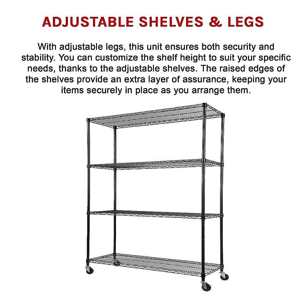 Four-tier black wire shelving rack with adjustable legs and caster wheels