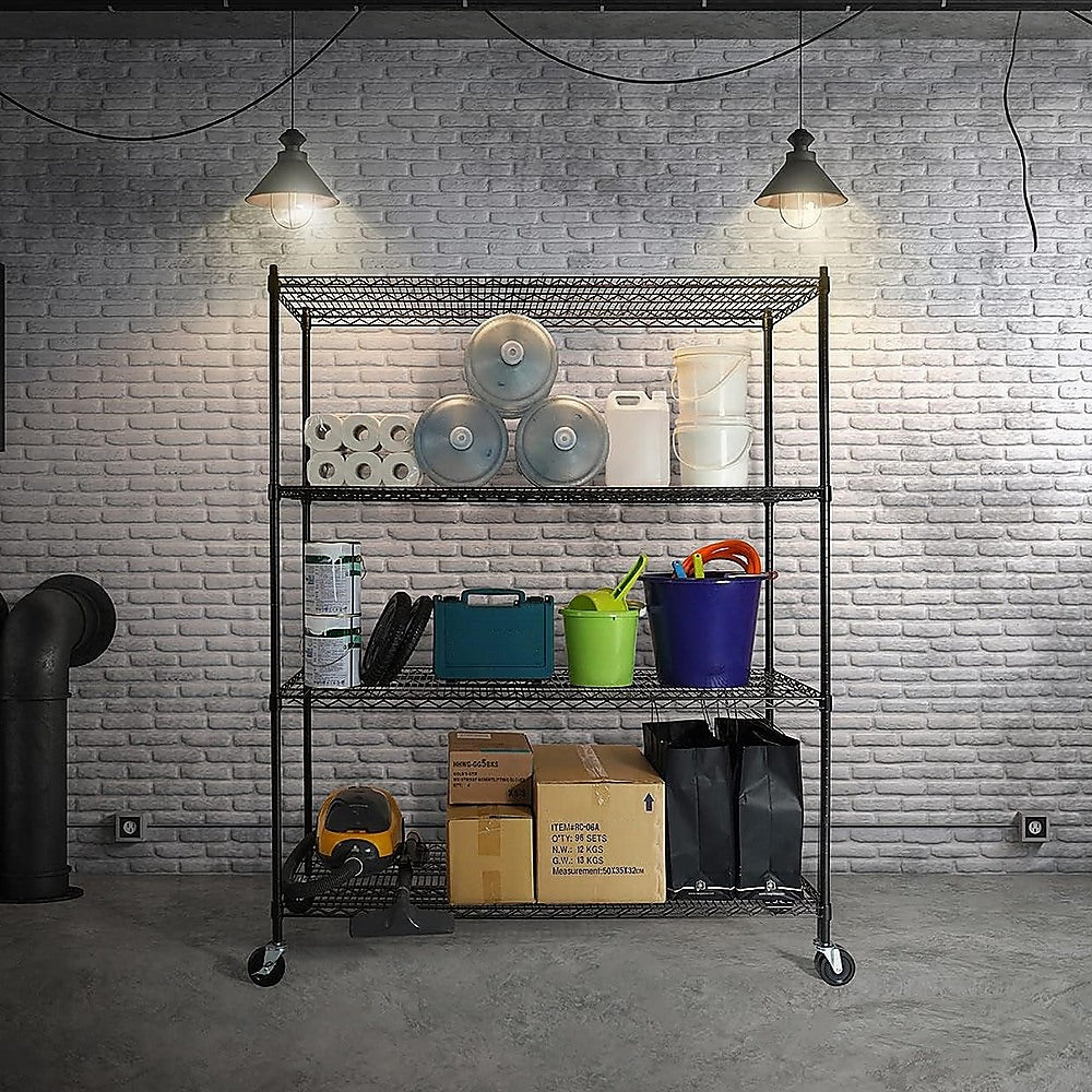 Black wire shelving rack with four shelves holding kitchen items