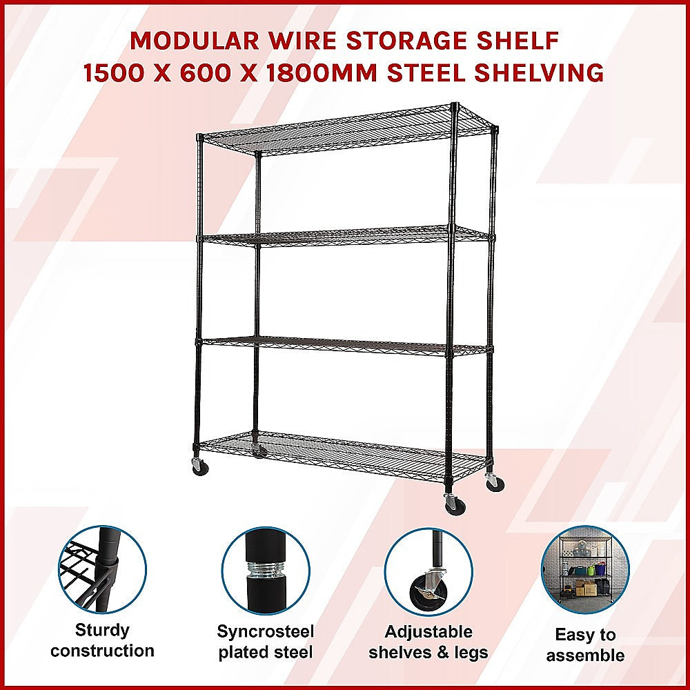 Black wire storage shelf rack on wheels, four-tier frame