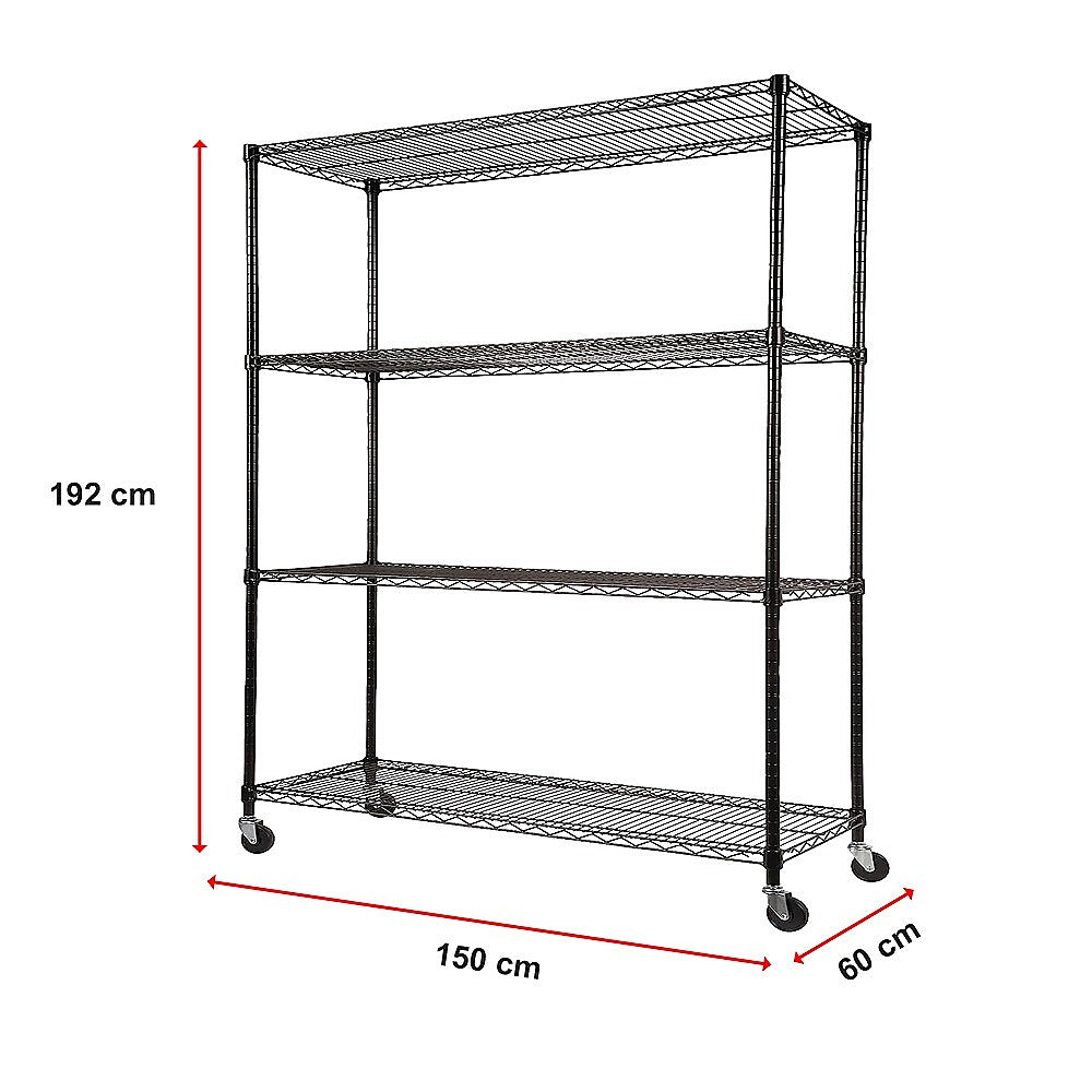 Black wire shelving frame with wheels and four adjustable tiers