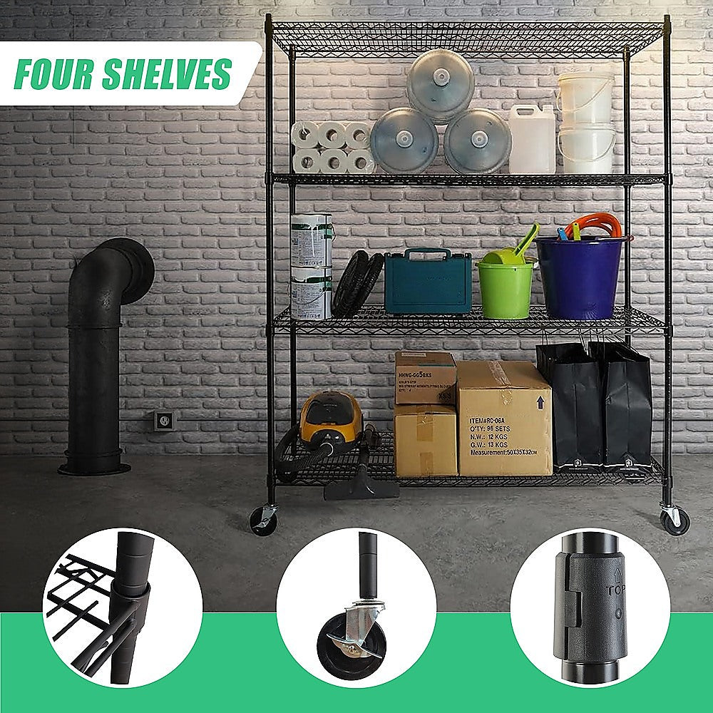 Black wire shelving rack with four shelves and caster wheels