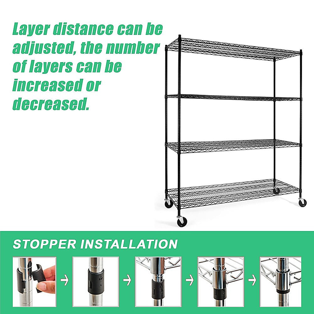 Black wire shelving rack with adjustable layers and caster wheels