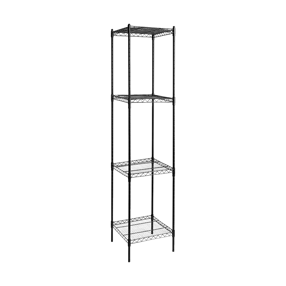 Black four-tier wire shelving rack with fixed legs, open steel frame.