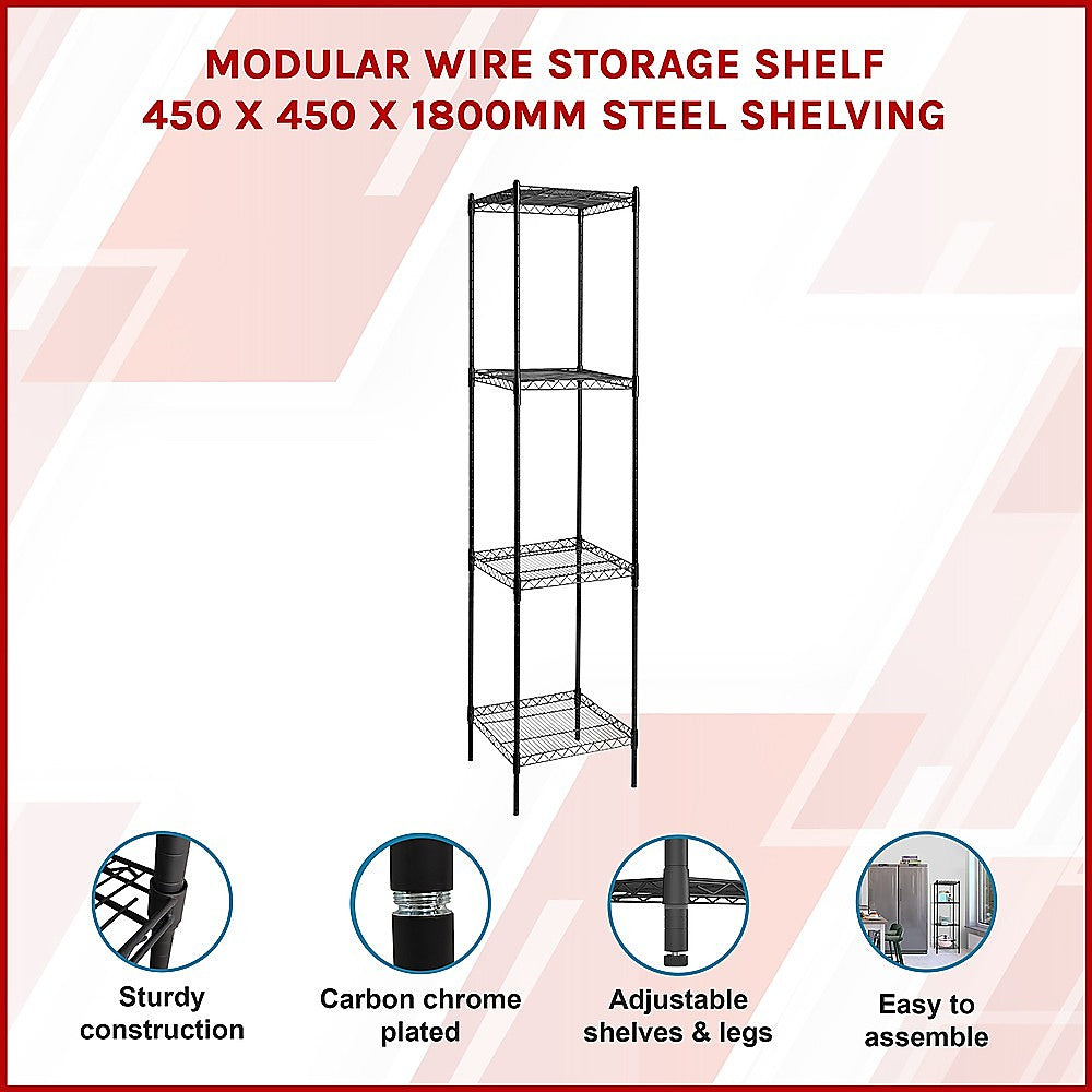 Black four-tier wire shelving unit with open frame and wire shelves.