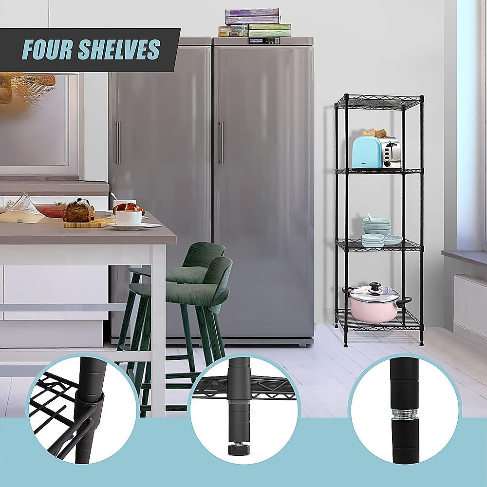 Black four-tier wire shelving rack with cookware and containers on open shelves.